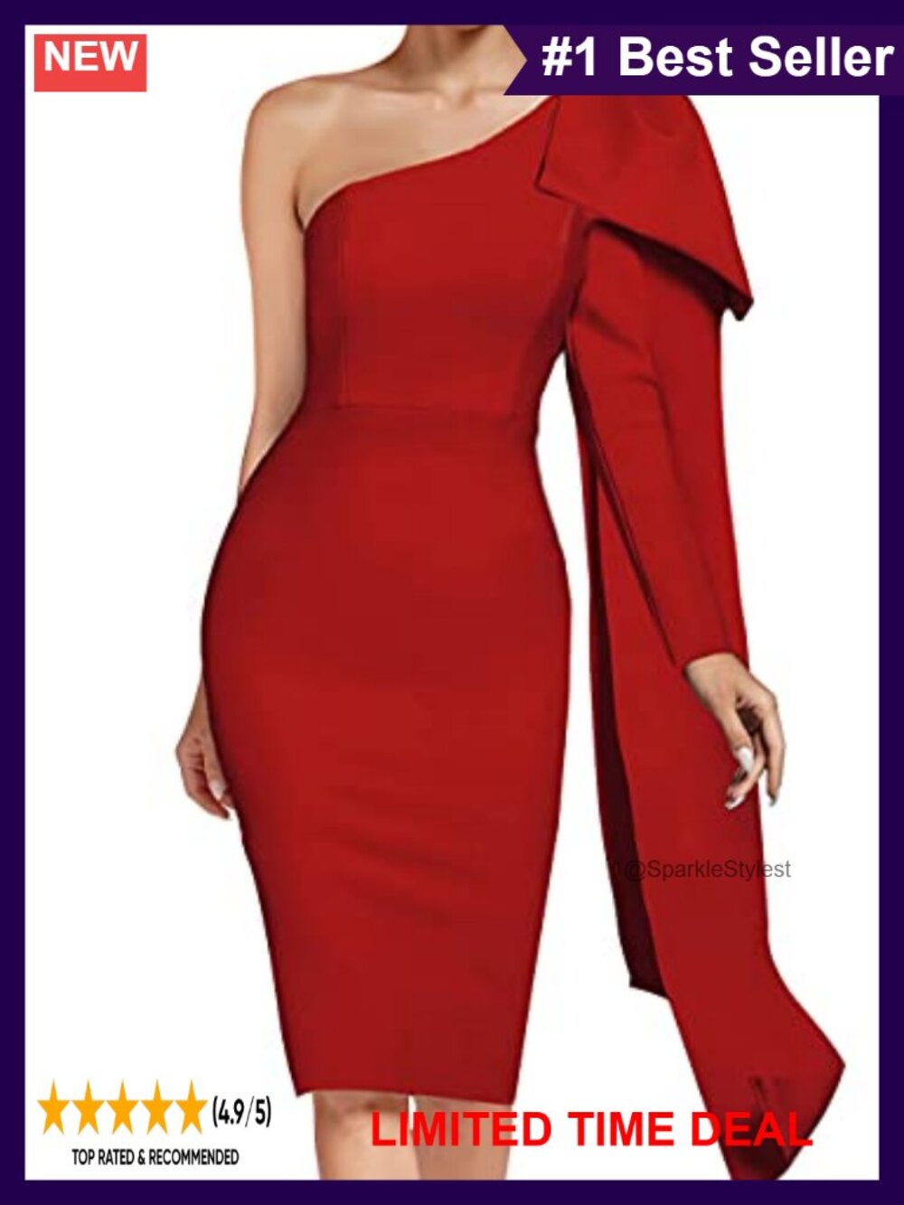 One Shoulder Bowknot Long Sleeve Bodycon Knee Length Bandage Dress